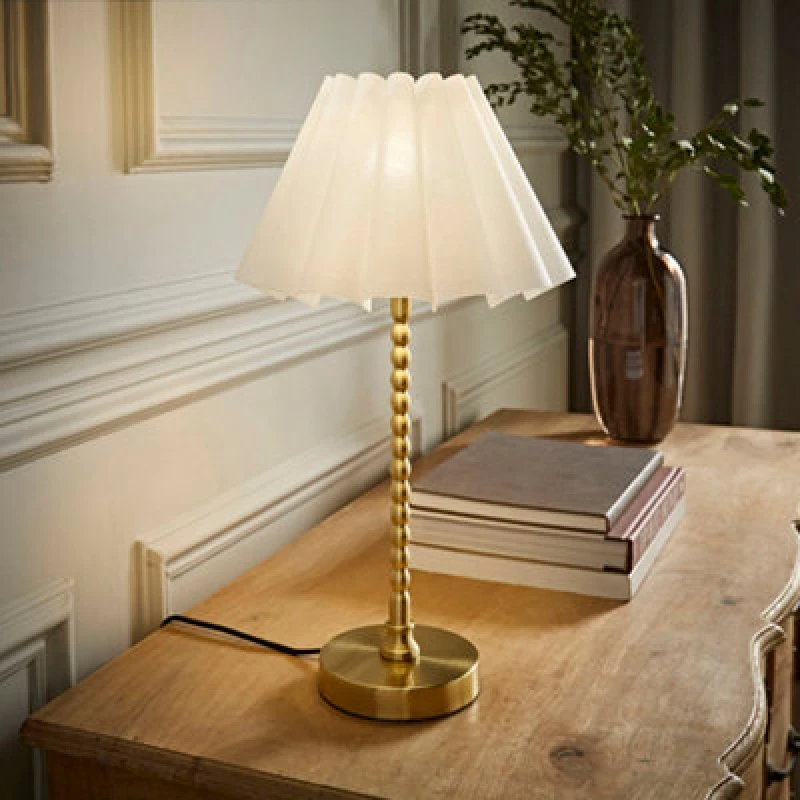 Image of Valuelights Maeve White Scallop Pleated Tapered Shade Gold Bobbin Bobble Table Lamp And Bulb