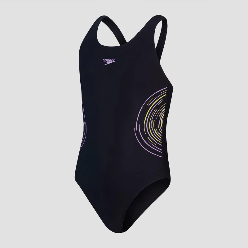 Image of Speedo Placmement Muscleback Swimming Costume Black Purple female 5-6