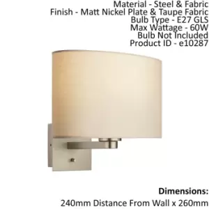 Image of Wall Light Matt Nickel Plate & Taupe Fabric 60W E27 GLS Dimmable e10287