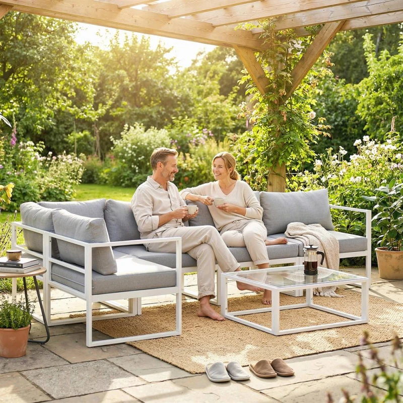 Image of OUTSUNNY 6 Seater Aluminium Garden Furniture Set with Table, Cushions, Grey in Light Grey Light Grey Unisex