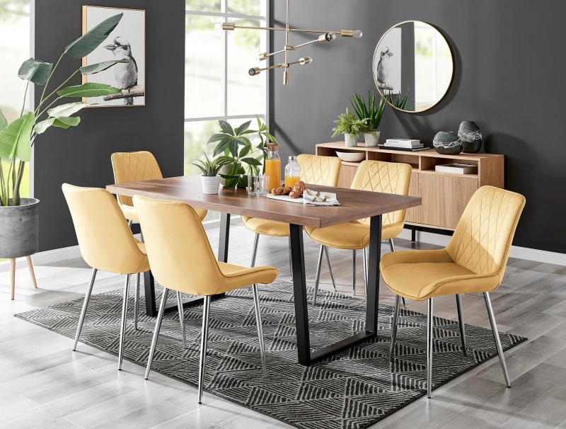 Image of FurnitureboxUK FurnitureboxUK Kylo Large Brown Wood Effect Dining Table & 6 Pesaro Velvet Silver Leg Chairs in Cream Cream One Size Unisex 50565426721
