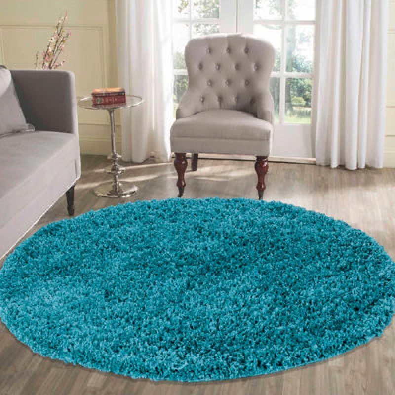 Image of Desire Rugs Plain Living Room Shaggy Area Rugs Teal Round 120X120 Cm