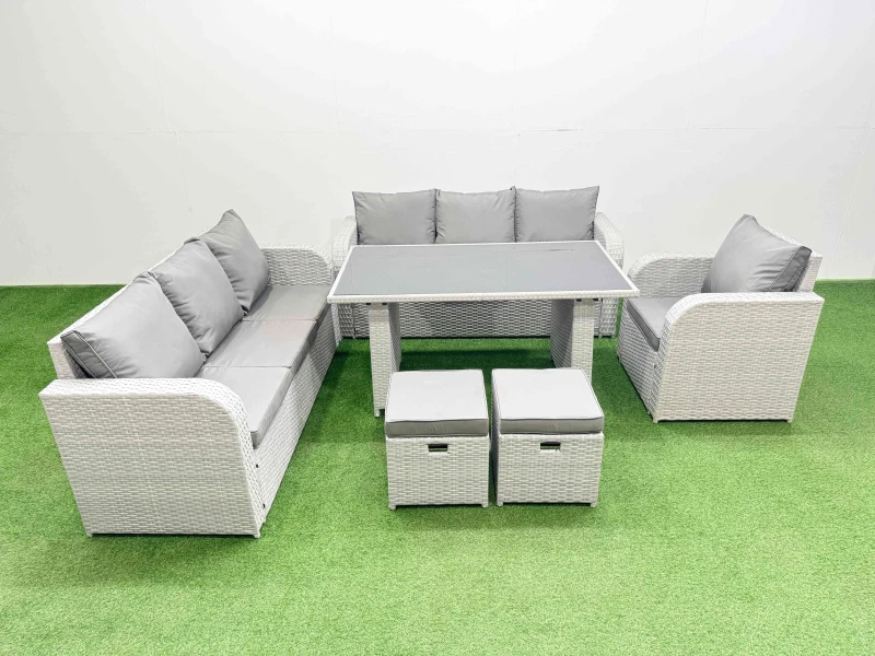 Image of Fimous 9-seater Patio Rectangular Table Sofa Set with 2 Small Stools in Light Grey Light Grey Unisex
