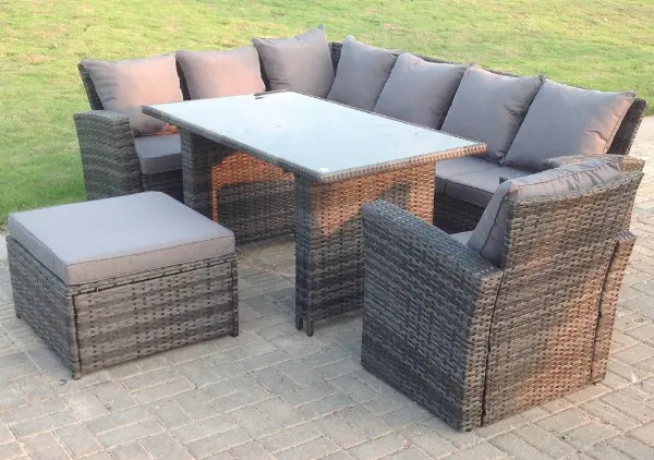 Image of Fimous 7 Seater Outdoor Dark Grey Rattan Lounge Complete Sofa Set with Black Tempered Dining Table and Footstool