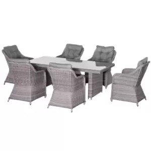 Image of Outsunny 7 PCS Outdoor PE Rattan Dining Table Set, Patio Wicker Aluminium Chair Furniture w/ Tempered Glass Table Top, Grey