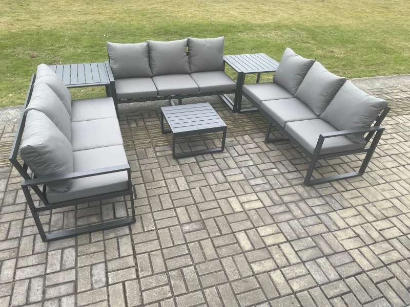 Image of Fimous Aluminium 9 Seater Outdoor Garden Furniture Set Patio Lounge Sofa with Square Coffee Table 2 Side Tables Conservatory Set Dark Grey Dark Grey U