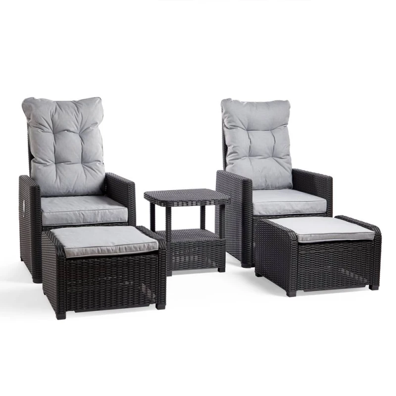 Image of Vonhaus Reclining Rattan Bistro Set, Recliner Lounge Set For Garden, Set Of 2 Sun Loungers Armchairs W/ Footstools & Drinks Table