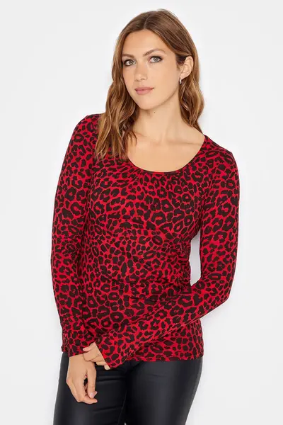 Image of Long Tall Sally Tall Leopard Print Long Sleeve Top Red