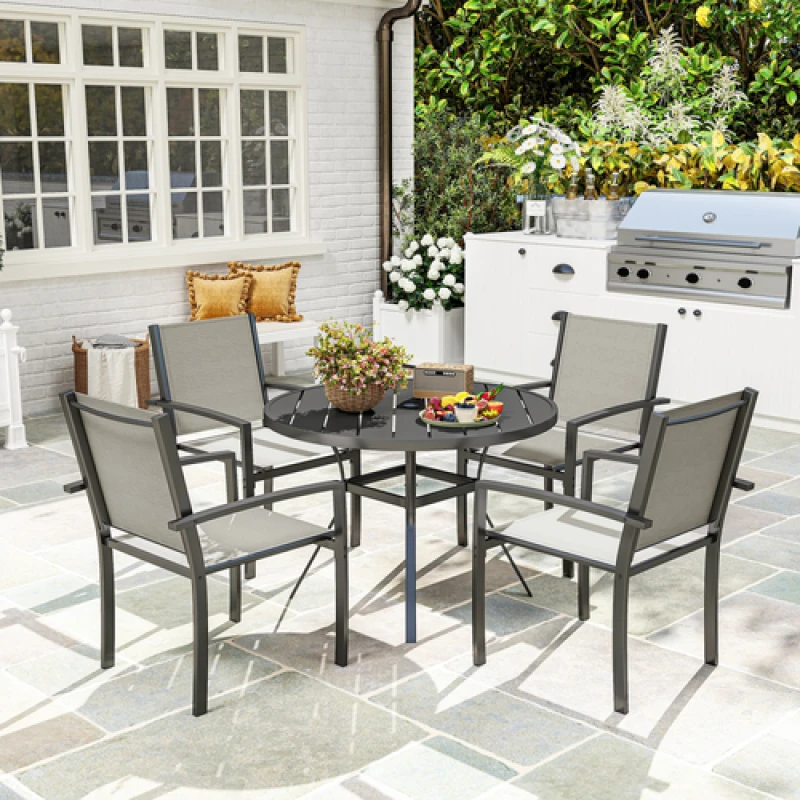 Image of Outsunny 5 Piece Garden Furniture Set with Round Table & 4 Stackable Chairs, Grey 84G-732V00CG