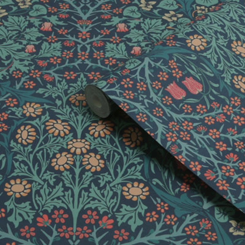 Image of William Morris Gallery Collection Navy Blackthorn Smooth Wallpaper