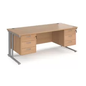 Image of Office Desk Rectangular Desk 1800mm With Double Pedestal Beech Top With Silver Frame 800mm Depth Maestro 25 MCM18P33SB