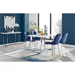 Image of Kylo White High Gloss Dining Table & 4 Navy Pesaro Silver Leg Chairs