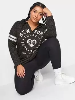 Image of Yours Yours Notch Neck Hooded Varsity Sweatshi, Black, Size 16, Women