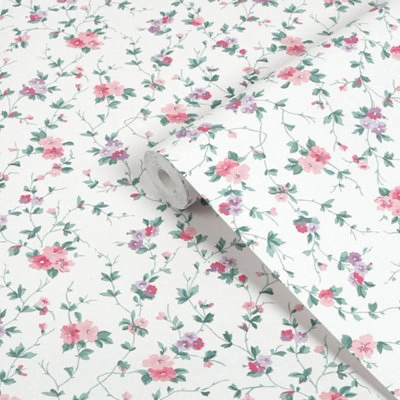 Image of Laura Ashley White & Coral Pink Priory Smooth Wallpaper