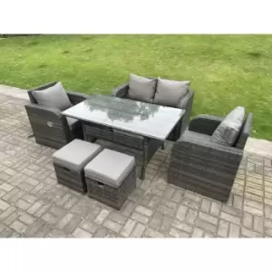Image of Fimous 4 Seater Outdoor Dark Grey Rattan Lounge Complete Sofa Set with Rectangular Dining Table, Reclining Chairs and 2 Stools