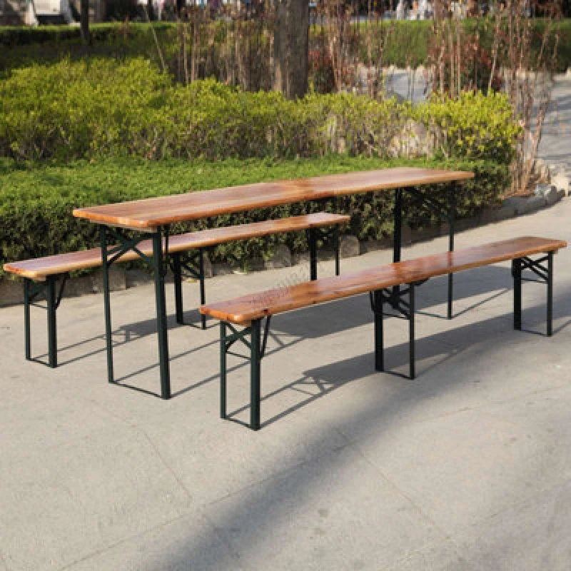 Image of BIRCHTREE 3 Pieces Outdoor Patio Wooden Top Vintage Folding Beer Picnic Dining Table Bench Set Party Pub Garden Furniture Steel 3 Legs 220cm Natural -