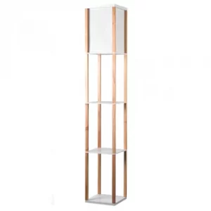 Image of Wooden Shelving Unit Floor Lamp With Fabric Shade in Oak
