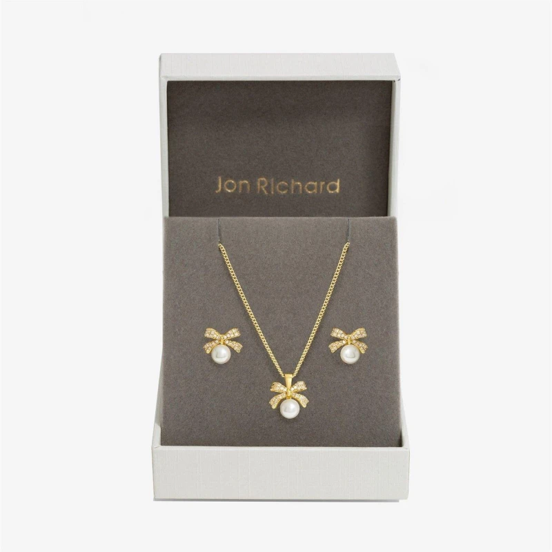 Image of Jon Richard Gold Plated Cubic Zirconia And Pearl Bow Set - Gift Boxed Gold