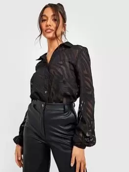 Image of Boohoo Zebra Print Volumne Sleeve Shirt - Black, Size 10, Women