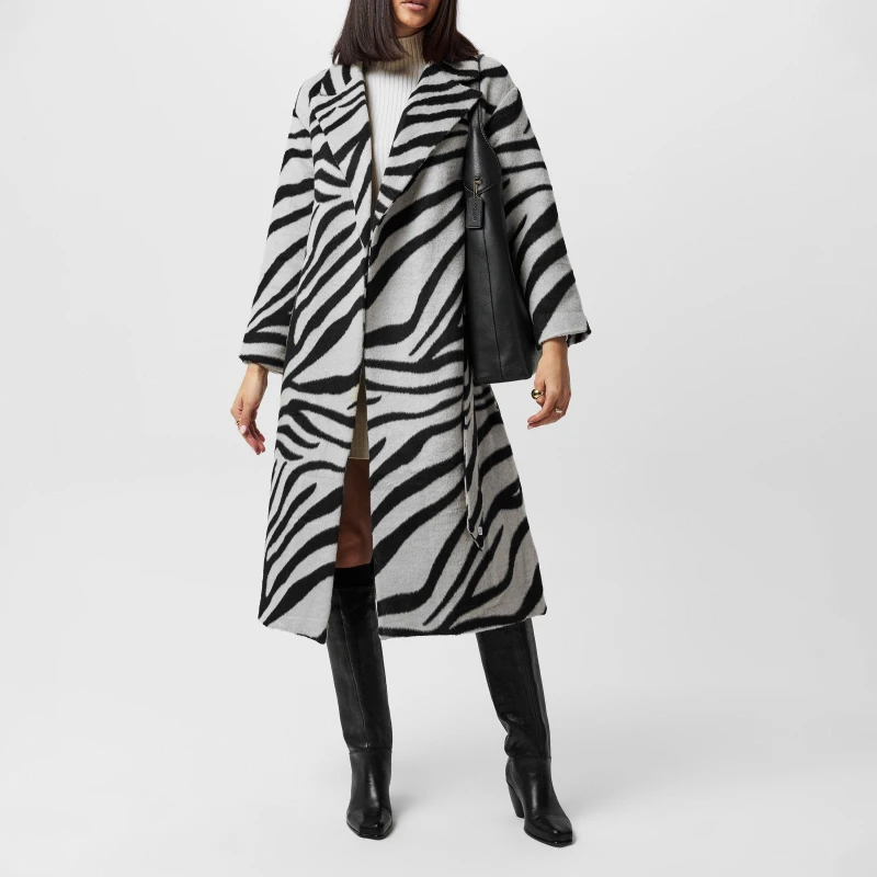 Image of French Connection Womens Grace Belted Overcoat Black White female 8 (XS)