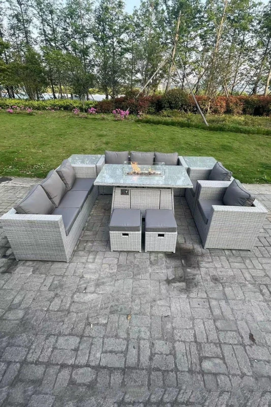 Image of Fimous Rattan Fire Pit Garden Furniture Gas Heater Burner Lounge Sofa Dining Set Coffee Table Chairs Stool Light Grey