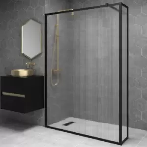 Image of Black 1400mm Fluted Glass Wet Room Shower Screen with Wall Support Bar & Return Panel - Volan