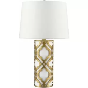 Image of Table Lamp White Linen Shade Metal Outer Shade Distressed Gold LED E27 100W