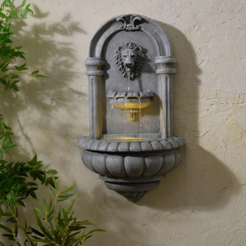 Image of Teamson Home Lion Head Wall-Mounted Garden Fountain LED Lighting, Natural Stone