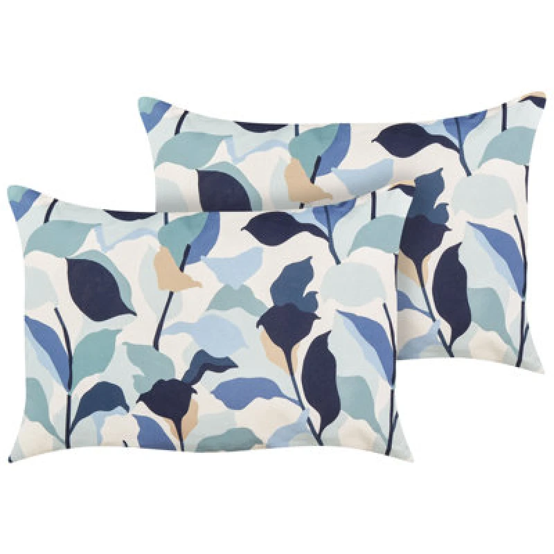 Image of Beliani Set Of 2 Outdoor Cushions Veglino Plant Pattern 40 X 60 Cm Blue