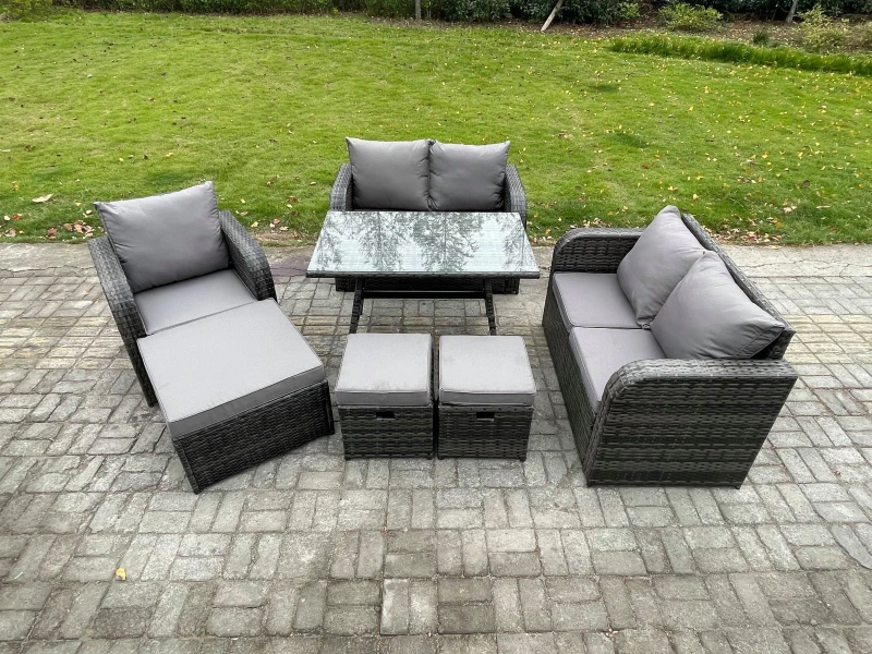 Image of Fimous 8 Seater Outdoor Garden Dining Sets Rattan Furniture With Dining Table Armchairs Love Sofa 3 Footstools Dark Grey Mixed Dark Grey