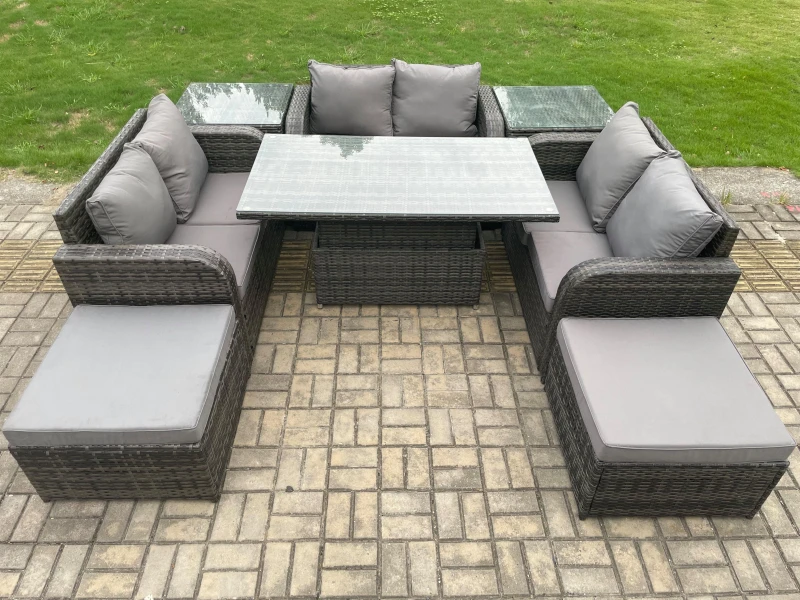 Image of Fimous Rattan Garden Outdoor Furniture 3 PC Love Sofa Set Patio Adjustable Rising lifting Dining Table With 2 Side Tables 2 Big Footstool Dark Grey