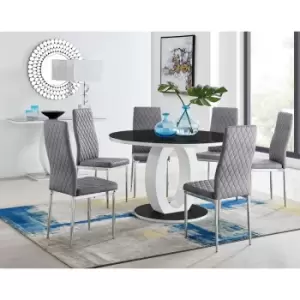Image of Furniturebox UK - Furniturebox Giovani Black 120cm Round Dining Table and 6 Grey Velvet Milan Dining Chairs With Silver Legs