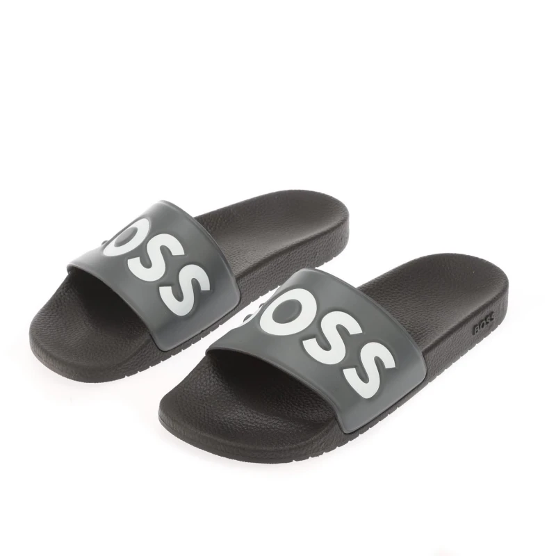 Image of Boss Aryeh Italian Made Slides with Large Logo Detail Grey male UK 8