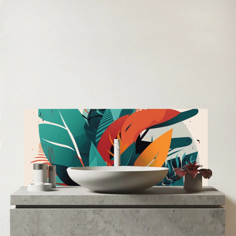 Image of Warren Reed - Designer Green Orange Tropical Leaves Glass Bathroom Splashback Green Unisex