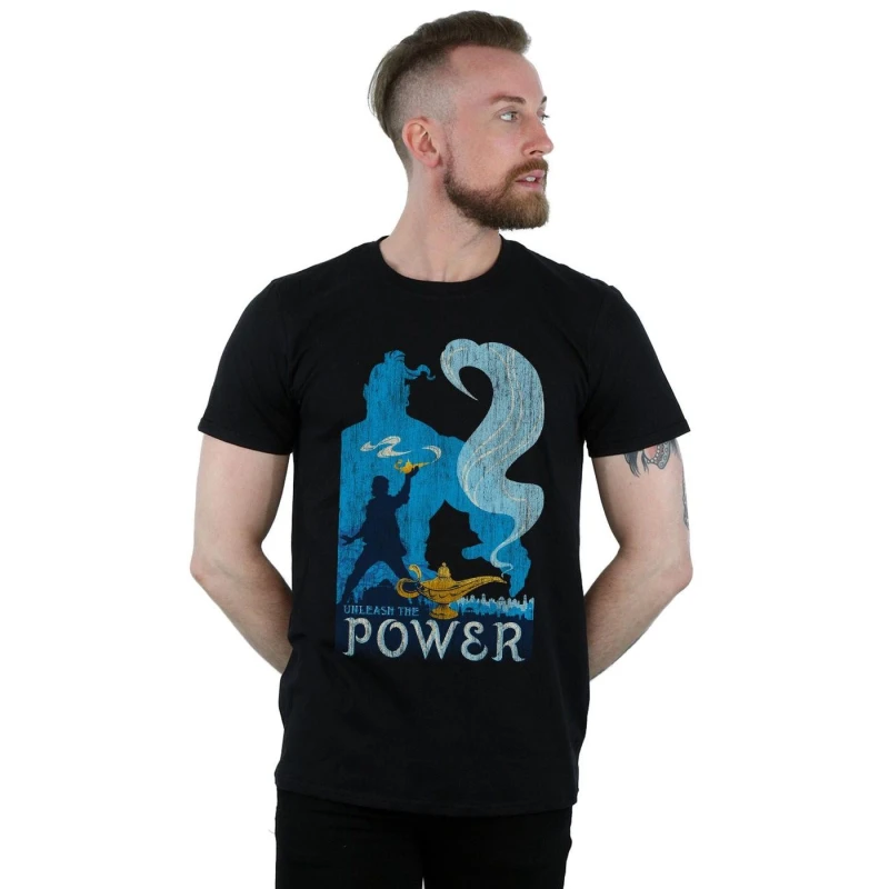 Image of Disney Men Aladdin Movie Unleash The Power T-Shirt in Black Size: Small Black S Male 5059276932343