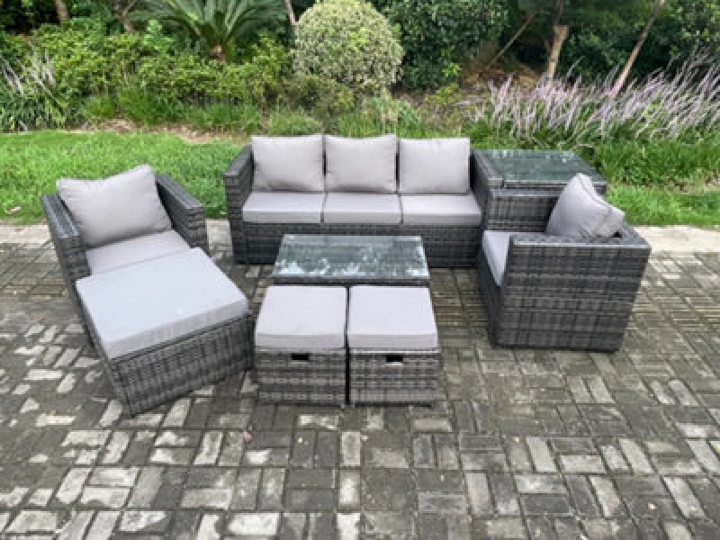 Image of Fimous Outdoor Rattan Garden Furniture Set with 3 Seater Sofa Coffee Table Side Table 2 Armchairs 3 Footstools Dark Grey