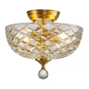 Image of Luminosa Talisa 2 Light Semi Flush Ceiling Lamp E27 With Flat Round 30cm Patterned Glass Shade Satin Gold, Clear