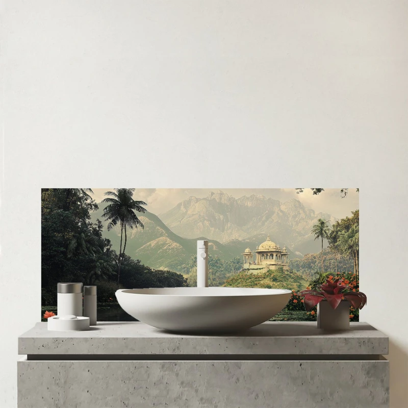 Image of Warren Reed - Designer Temple By A Lake With Lilies Glass Bathroom Splashback Multicolor Unisex