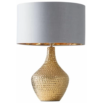 Image of Metallic Gold Indent Textured Ceramic Table Lamp Grey/Gold Drum Shade - No Bulb