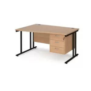 Image of Office Desk Left Hand Wave Desk 1400mm With Pedestal Beech Top With Black Frame Maestro 25 MC14WLP3KB