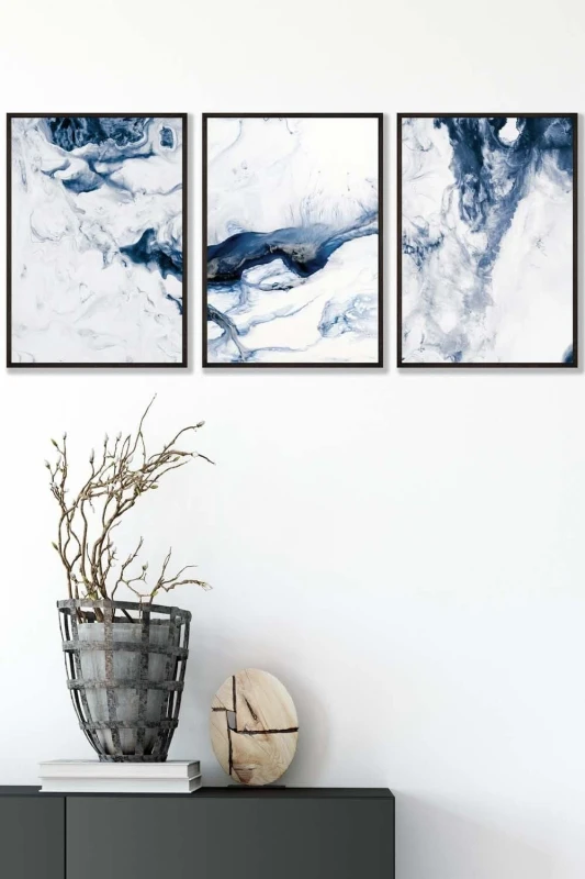 Image of ARTZE Navy Blue Abstract Ocean Waves Framed Wall Art - Medium in Black Size: W45cm x H62cm x D20mm Black Unisex W45cm x H62cm x D20mm