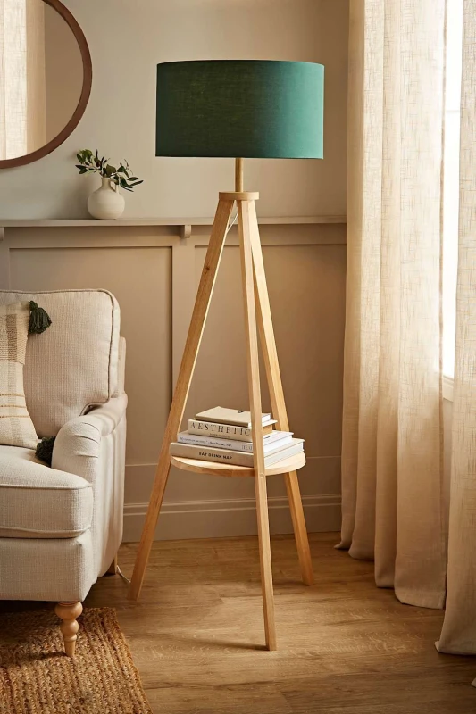 Image of ValueLights Morrigan Light Wood Tripod Floor Lamp With Fabric Drum Lamp Shade Dark Green