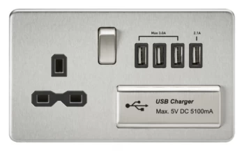 Image of KnightsBridge 2G 13A Screwless Brushed Chrome 1G Switched Socket with Quad 5V USB Charger Ports - Black Insert