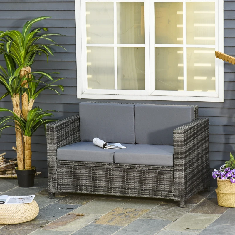 Image of Outsunny Rattan Wicker 2-seat Sofa Loveseat Padded Garden Furniture Brown - Grey TJ Hughes 5063603002838