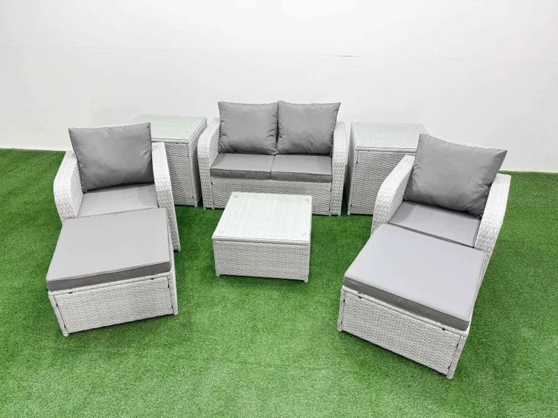 Image of Fimous Light Grey PE Wicker Rattan Garden Furniture Set Sofa Set Reclining Adjustable Chair Square Coffee Table 6 Seater 2 Big Stools 2 Side Table Lig