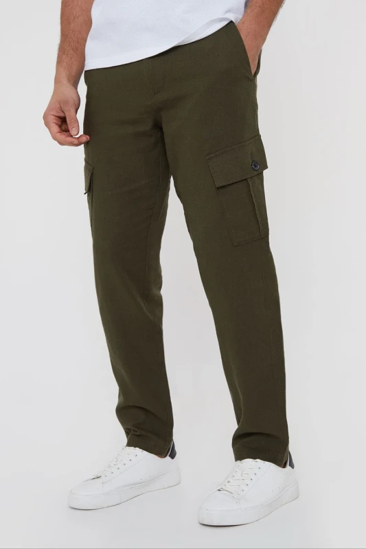 Image of Threadbare Mens 'Ramsay' Linen Blend Cargo Trousers in Khaki Size: 32R Khaki Male 32R