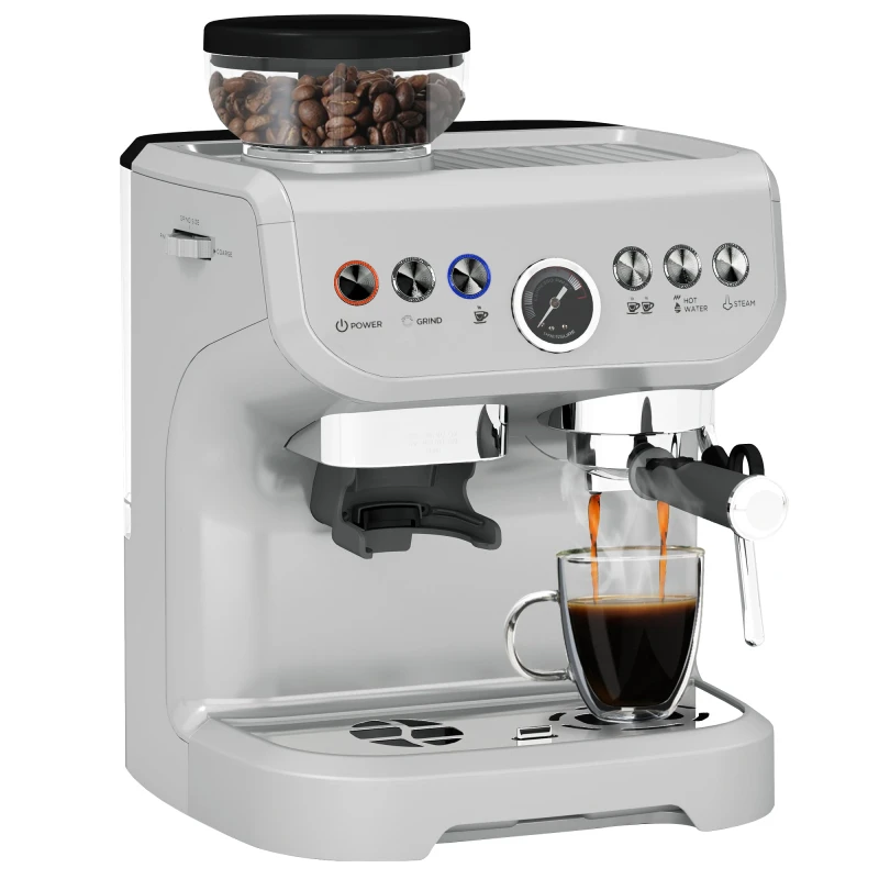Image of HOMCOM Espresso Machine, Bean Grinder & Steam Wand, 15 Bar Pressure, Silver., Silver 800-197V70SR