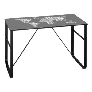 Image of Homcom Desk With Map Print Tempered Glass Top Black Frame