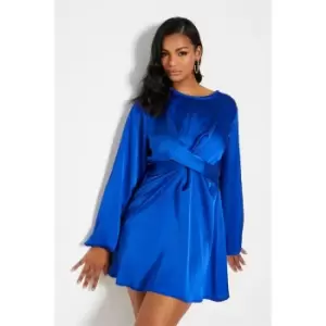 Image of I Saw It First Satin Twist Front Skater Mini Dress - Blue