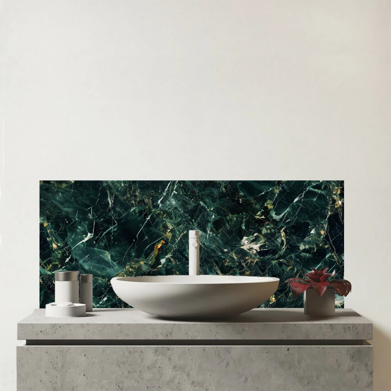 Image of Warren Reed - Designer Deepest Green Quartz Effect Glass Bathroom Splashback Green Unisex